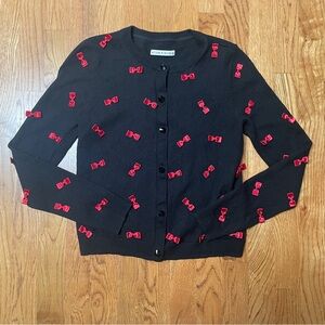 Alice + Olivia Daroda Bow Detail Red And Black Cropped Wool Designer Cardigan